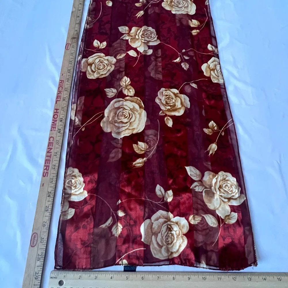 Vintage Sheer Floral Scarf Burgundy Rose Silky Striped Made in Korea 90s